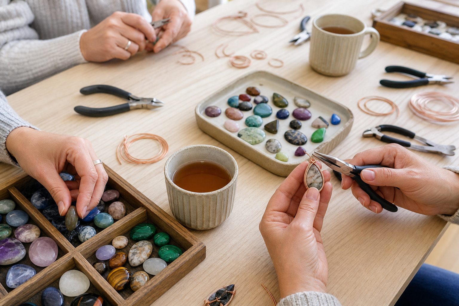 A contemporary jewellery workshop table with gemstone cabochons, modern pliers, copper wire and tea